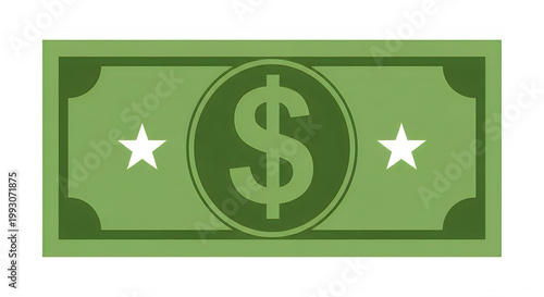 A green dollar bill with a dollar sign and two white stars isolated on transparent background