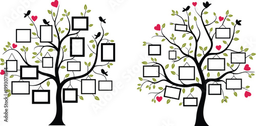 Family tree silhouette vector illustration with blank photo frames green leaves birds and red hearts isolated on white background for memory projects