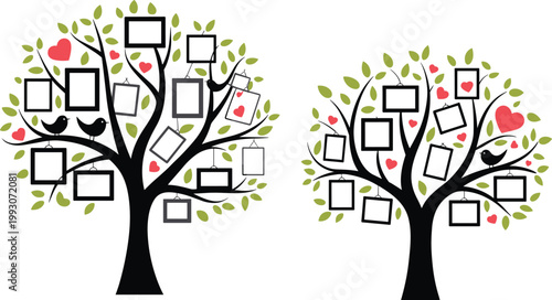 Family tree silhouette vector illustration with blank photo frames green leaves birds and red hearts isolated on white background for memory projects
