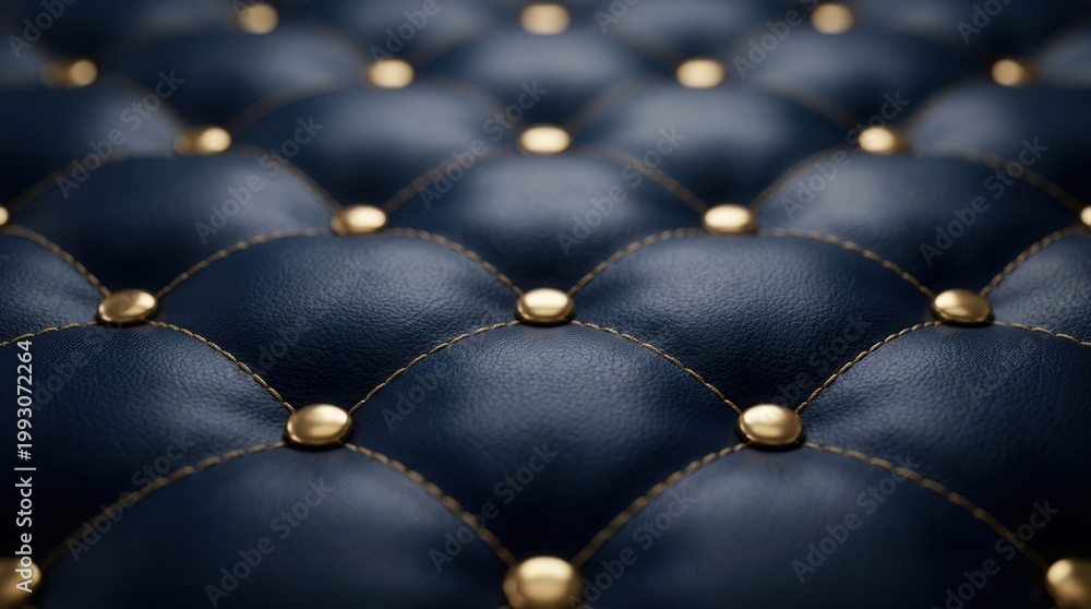 Fototapeta premium Close-up of deep navy blue quilted leather with diamond stitching and gold buttons.