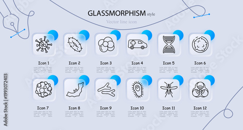 Microbiology set icon. Virus particle, bacteria cell, molecule cluster, medical ambulance, DNA helix, microbe colony, pathogen circle, mutation map, microorganism branch, parasite