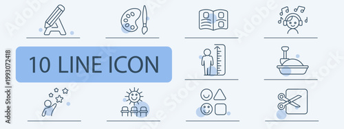 Education learning set icon. Pencil palette book headphones growth chart sand table stars sun shapes scissors school children activity.