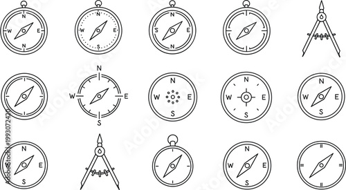 Compass and Navigation Icon Set with Drafting Compass Tools and Direction Indicators in Outline Style for Mapping, Travel, Exploration, and Orientation Design Use