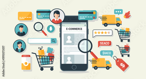 Comprehensive illustration of e-commerce ecosystem with mobile shopping, delivery, payment, and customer interaction elements.