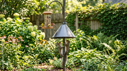 Squirrel Baffle Protecting Bird Feeder in Lush Garden for Nature Blogs, Wildlife Websites, Gardening Articles, Environmental Awareness, and Outdoor Enthusiasts