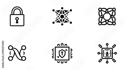 Digital Security Icon Set: A comprehensive collection of digital security icons, providing a visual representation of the core concepts of cybersecurity and data protection. Featuring a lock, network.