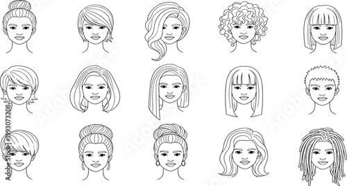 Line Art Female Hair Styles Illustration Set Featuring Various Haircuts like Bobs, Curly, Braids, and Updos for Fashion, Design, and Beauty Projects.