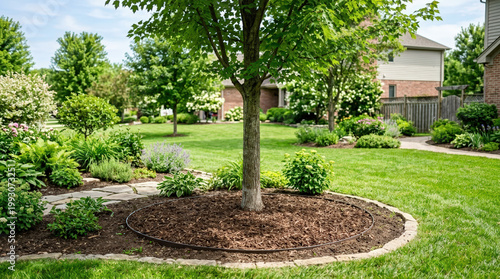 Lush Garden with Wood Chips Surrounding a Healthy Tree and Vibrant Greenery for Home and Garden Blogs, Landscaping Websites, Gardening Education, and Outdoor Living Content