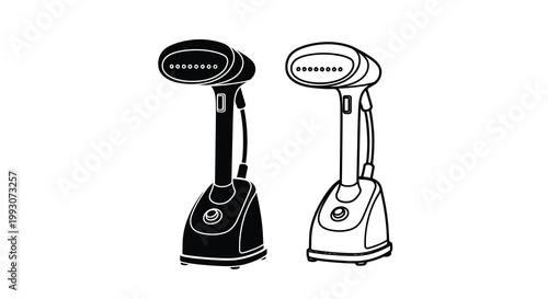 Two handheld garment steamers displayed in a stark black silhouette