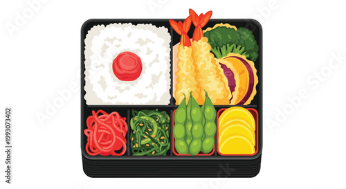 Top view illustration of a traditional Japanese bento box with assorted food.
