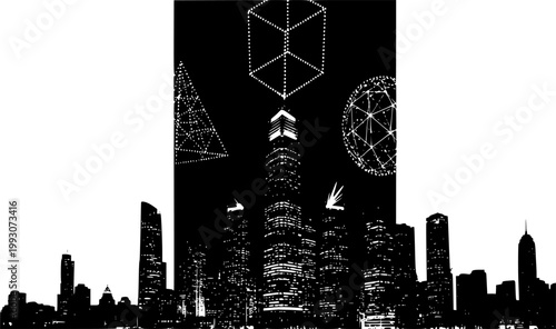 Modern City Drone Fireworks Silhouette: High-Tech Light Show and Urban Celebration Vector, Innovation Event Concept Icon