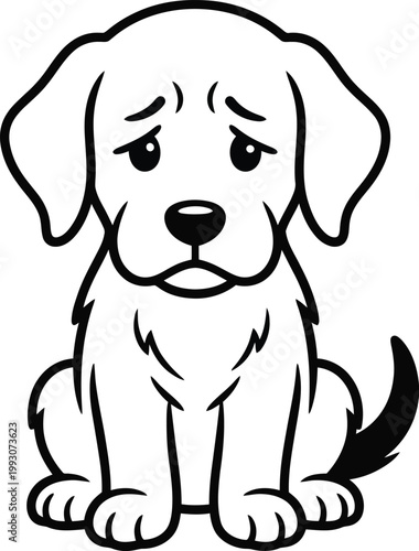 Black and white vector illustration of a sad, unhappy puppy dog, sitting solemnly with downcast eyes and a sorrowful expression, perfect for emotional designs.