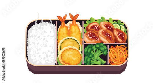 A colorful Japanese bento box containing rice tempura and vegetables.