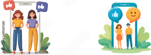 Two women stand in front of a smartphone screen displaying diverse customer reviews with thumbs up and down icons, set against a vibrant coral and blue background with minimalist flat vector design