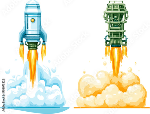 Two rockets launch into space, their vibrant flames creating a dynamic contrast against the serene backdrop of the cosmos