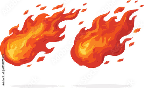 Two vibrant orange flames with swirling trails of fire create a dynamic and energetic illustration in a minimalist vector style