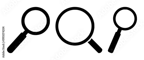 Magnifying glass icon set with minimalist solid black shape on white background featuring search, icon, tool with graphic and illustration