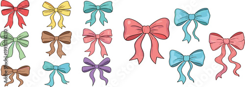 Colorful ribbon bows collection with various shapes and styles, decorative gift elements for celebration, fashion, crafting, and festive vector illustration set