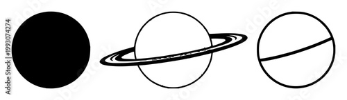 Planet icon set with solid black icon on white background featuring planet, space, icon with black and vector