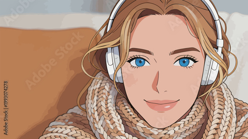 Young Woman in Winter Scarf with Headphones