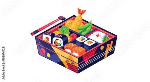 Colorful Isometric Japanese Bento Box Illustration with Sushi and Tempura.