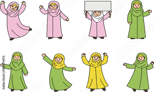 Cute muslim girl characters in hijab with different poses and gestures, flat vector illustration set for kids education, culture and islamic design