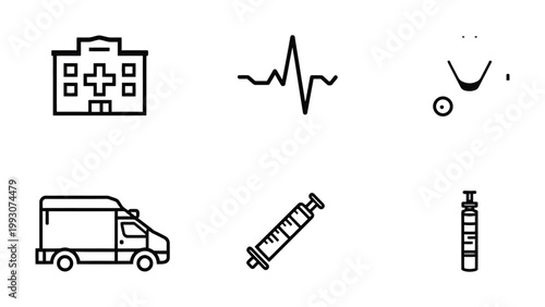 Εκτύπωση καμβά Medical Icons in a Row: A collection of simple, black and white line icons representing various medical elements