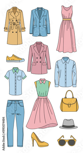A collection of various fashion items including coats, jackets, dresses, shirts, jeans, shoes, a handbag, a hat, and sunglasses, presented on a white background.