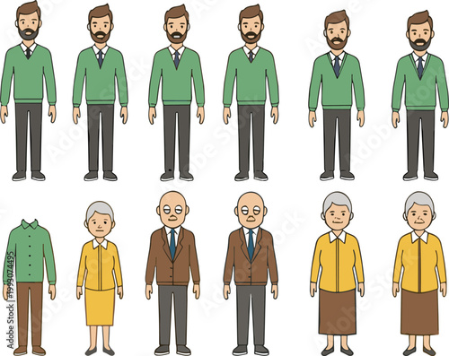 Family characters creation kit vector illustration with customizable people body parts clothing and poses set
