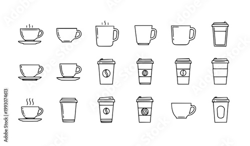 Minimal coffee cup and mug icons set with takeout containers in clean black outline vector style