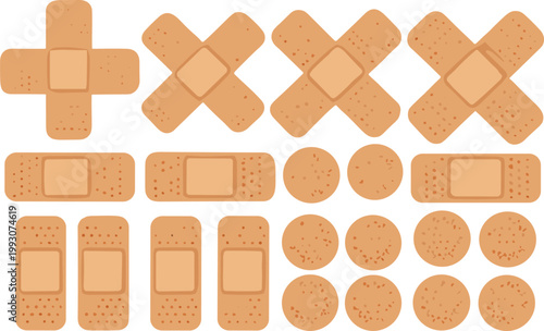 Adhesive bandage collection with various shapes and sizes, medical plaster illustration set for first aid, healthcare, injury care and hospital design