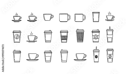 Elegant thin line coffee cup icons with mugs and takeout containers in minimal black vector style