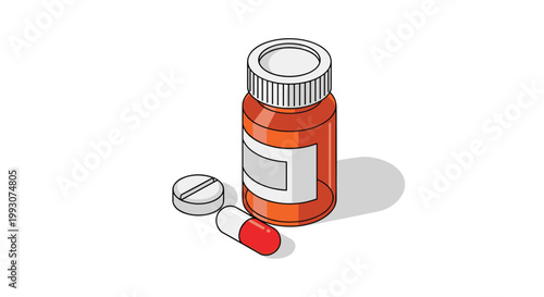 Orange medicine bottle stands next to a tablet and a red and white capsule in a clean isometric illustration style for healthcare themes.