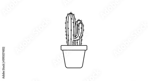 Saguaro cactus is illustrated in a minimal black outline style sitting in a flower pot for desert or plant nursery themed decorations.