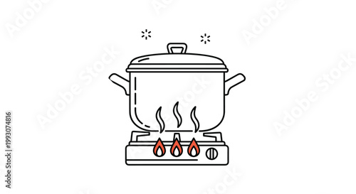 Large cooking pot sits on a gas stove burner with bright red flames and rising steam suggesting a meal is being prepared in a kitchen.