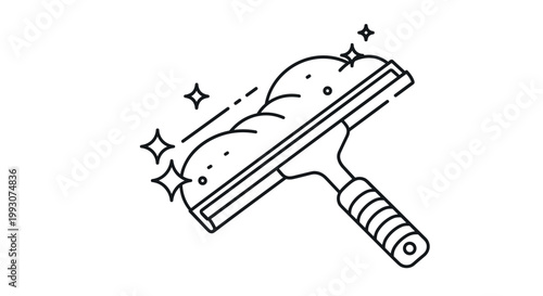 Squeegee tool is shown cleaning a surface with soapy foam and sparkling stars in an illustration highlighting professional washing.