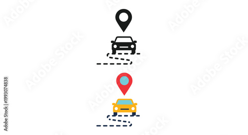 Car silhouette is shown following a dotted path toward a location pin icon in a solid black and a colorful variant for navigation.