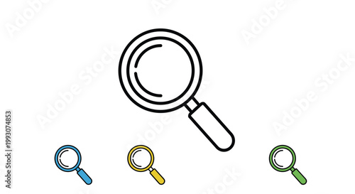 Magnifying glass is shown in four colors including black, blue, yellow, and green to represent search and analysis functionality in apps.