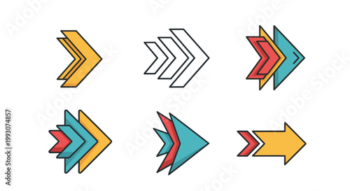 Variety of colorful arrow icons shows different shapes and directions for navigation or progress in modern graphic design projects.
