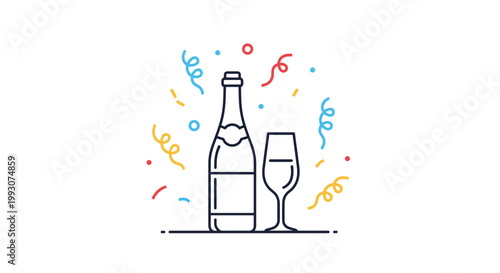 Bottle of champagne stands next to a glass surrounded by colorful confetti and streamers in a celebratory and festive line art scene.