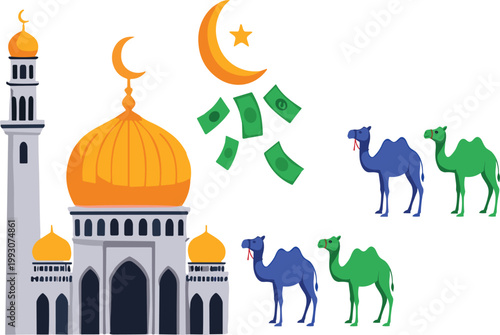 Islamic elements collection with mosque, crescent moon, money and camels, flat vector illustration set for Eid, Ramadan and cultural festival design