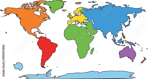 World map with seven continents highlighted in bright primary colors vector