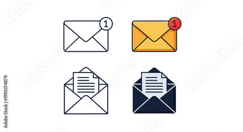 Set of envelope icons shows mail states including a notification bubble, an open envelope with a letter, and a dark filled version.