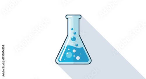 Conical science flask contains a bubbling blue liquid and casting a soft shadow in a clean and modern flat illustration for research.