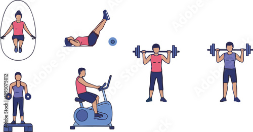 Men and women doing fitness exercises with gym equipment, cardio and strength workout poses, healthy lifestyle vector illustration set for sport training design