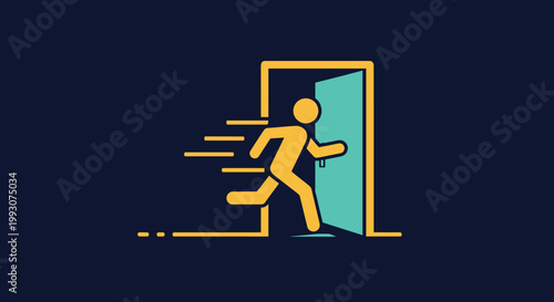 emergency exit symbol showing a stylized person running through a doorway with motion lines on a dark blue background.