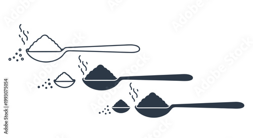 three spoons holding piles of fine powder or spices shown in a minimalistic style with rising steam and small grains.
