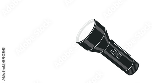 standard handheld flashlight icon depicted in black and white with a focus on the lens and grip at a diagonal angle.