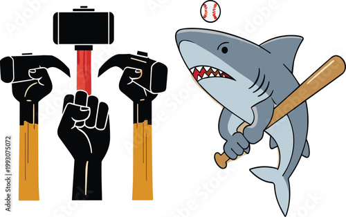 Protest symbols and aggressive shark mascot illustration with raised fists, hammer tools and baseball bat, conceptual vector set for power, resistance and sports design