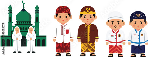 Muslim boys in traditional clothing with mosque background, cultural Islamic characters flat vector illustration set for religion, education and festival design